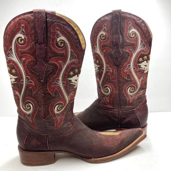 El General 1901 Cowboy Boots Leather Men's 8 Burgundy Textured Western Mexico - Picture 8 of 16